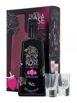 TEQUILA ROSE GIFT-SET 750ML features a smooth blend of premium tequila infused with strawberry and cream flavors